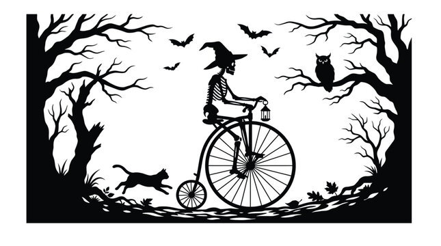 Skeleton wearing witch hat riding vintage penny farthing bicycle through haunted forest with spooky flying bats