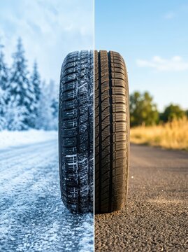 A high-performance all-season tire shown handling snowy, icy winter terrain on one side and dry, sunny summer asphalt on the other in a split view, wet pavement, transportation, grip