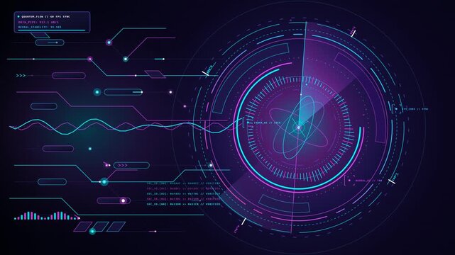 Full HD 1080p seamless loop motion graphics of a modern holographic cyber HUD core featuring vibrant electric cyan and magenta neon gradients, multi-axis gyroscopic reticles, dynamic equalizers, and h