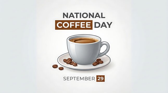 A cup of coffee on a saucer with roasted beans for national coffee day celebration with surrounded scattered roasted light grey background