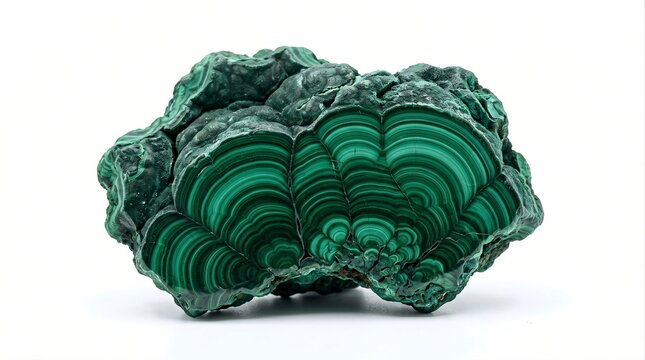 Natural malachite specimen featuring distinctive concentric green banding and polished-looking mineral texture, isolated on white for geology and mineralogy concepts.