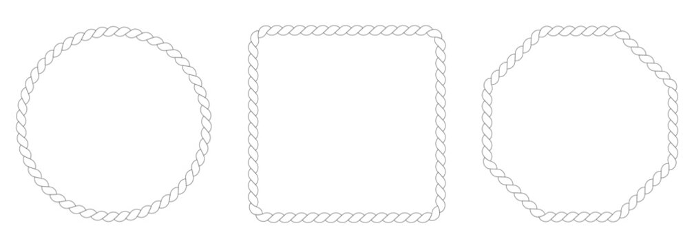 Round rope curve symbol collection. Pattern rope brush. Hexazon, square, oval and heart shape in sea sailor theme, nautical rope collection, flat vector illustration.Vintage nautical braided cord.