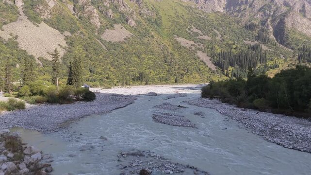 Aerial view of Ala Archa National Park river, Kyrgyzstan.