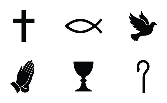 Christian Symbols Set, Religious Icons Vector, Faith Elements, Cross, Fish, Dove, Prayer, Chalice, Shepherd's Crook