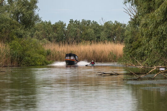 Boats on the beautiful Danube Delta, a famous landmark of Romania
