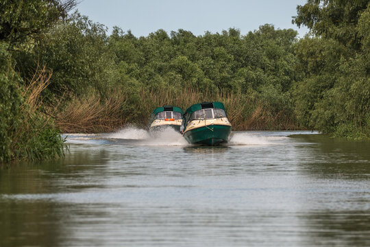Boats on the beautiful Danube Delta, a famous landmark of Romania