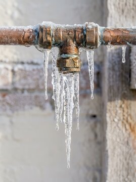 Detailed close-up showing a frozen residential copper pipe with large, sharp icicles dangling below the joint after a winter freeze, ice damage, close-up photography, freezing conditions