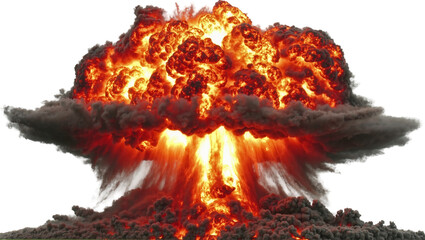 Massive fiery explosion with dark smoke plume, isolated on transparent background © STUDIOP