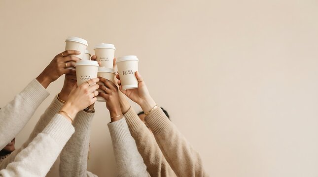 Group of people raising disposable paper cups together in a toast against a beige background with sweaters hold disposable light brown background