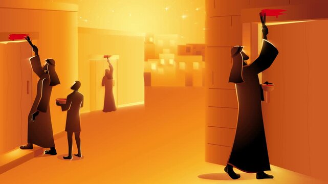Biblical motion graphic depicting the Israelites marking their doorposts with blood from the Passover lamb during the Exodus from Egypt.