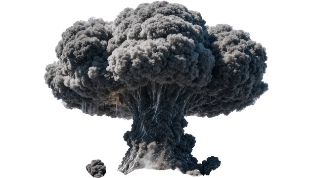 Massive dark mushroom cloud explosion, isolated on transparent background