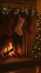Fototapeta premium Cozy fireplace with Christmas stockings.