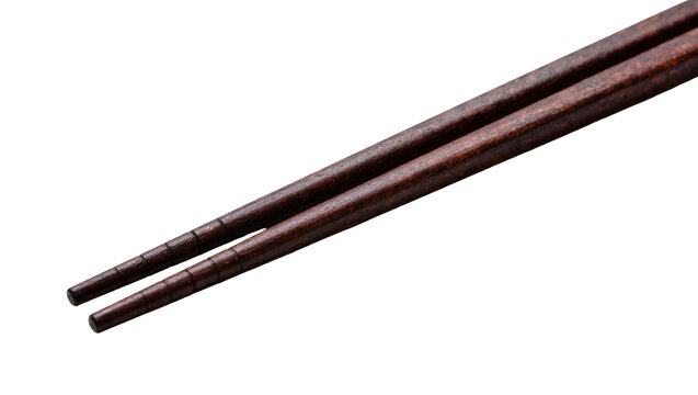 Dark brown wooden chopsticks with segmented tips, isolated on transparent background
