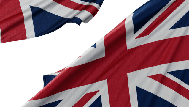 Waving Union Jack flag and French Tricolore flag, isolated on transparent background