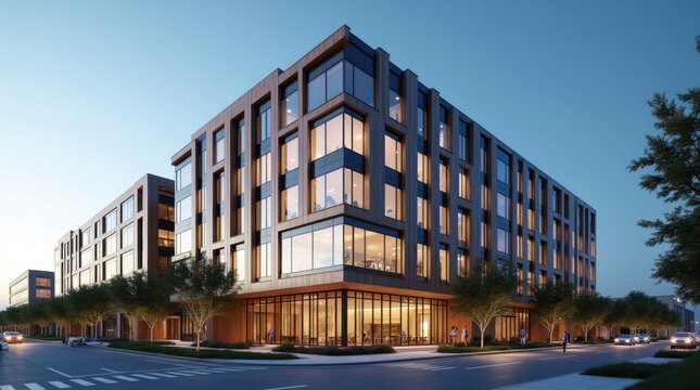 Edificio de oficinas corporativas contempor&aacute;neo visto desde un &aacute;ngulo contrapicado; arquitectura geom&eacute;trica imponente y grandes ventanales de vidrio reflectante
