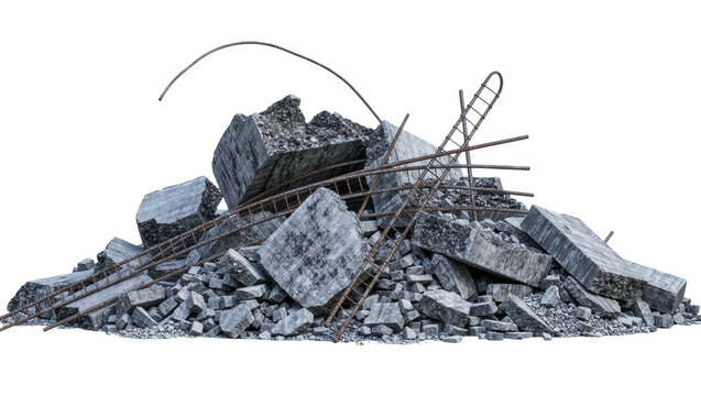 Pile of broken concrete debris with exposed rebar and metal ladders, isolated on transparent background