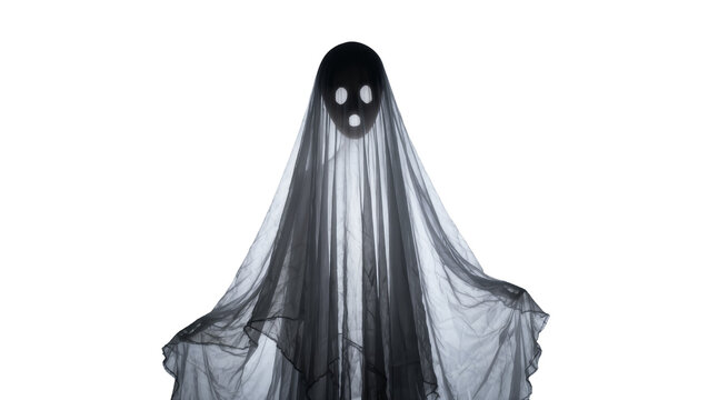 Spooky black ghost costume with skull face, isolated on transparent background
