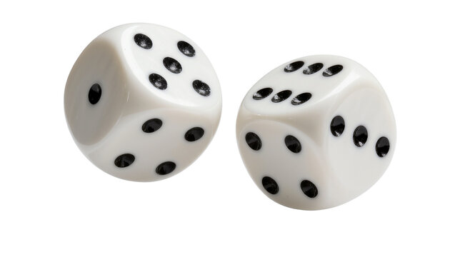Two white dice with black dots showing numbers, isolated on transparent background