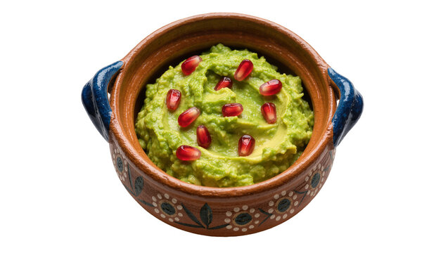 Textured guacamole with pomegranate seeds in a rustic clay bowl, isolated on transparent background