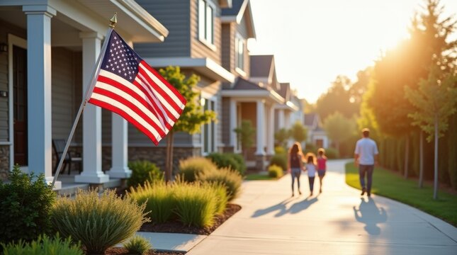 Casa suburbana estadounidense moderna con una bandera de Estados Unidos colocada junto a la puerta principal y una entrada con un hermoso dise&ntilde;o paisaj&iacute;stico