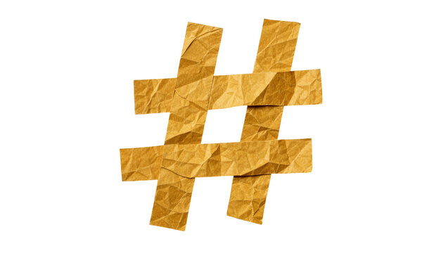 Crinkled brown paper hashtag symbol, isolated on transparent background