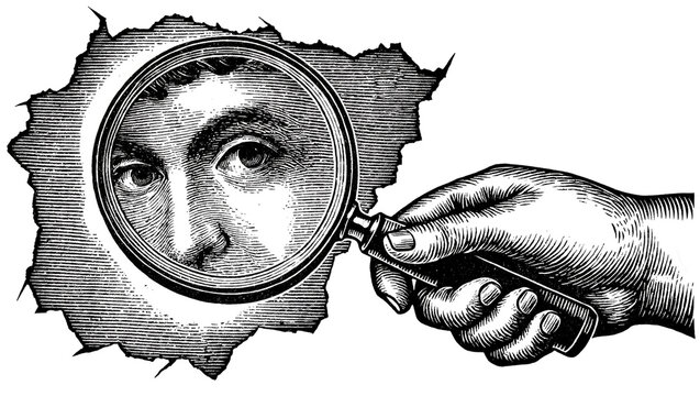 Man s eye magnified by a magnifying glass held by a hand, isolated on transparent background