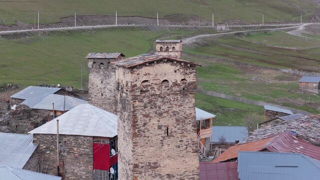Aerial view of Svan tower in Ushguli, Georgia.