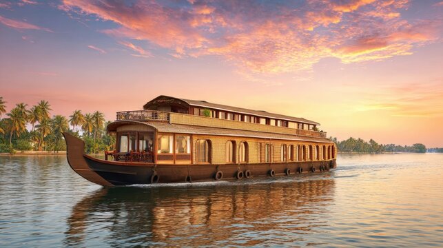 Traditional Kerala Houseboat on Tranquil River at Sunset