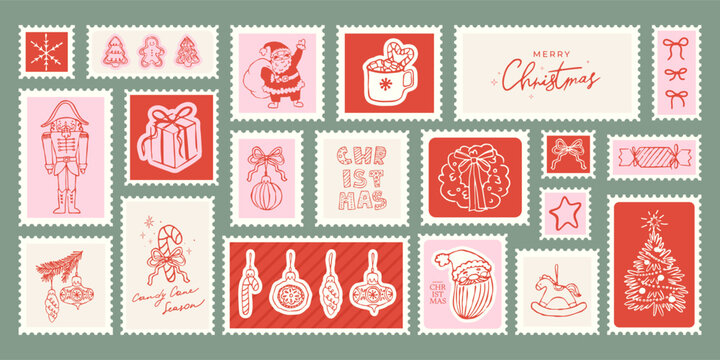 Christmas vintage postage stamp set with hand drawn Xmas elements, Santa Claus, nutcracker, Christmas tree in trendy doodle style. Vector collection for mail, holiday cards, scrapbooking, stickers