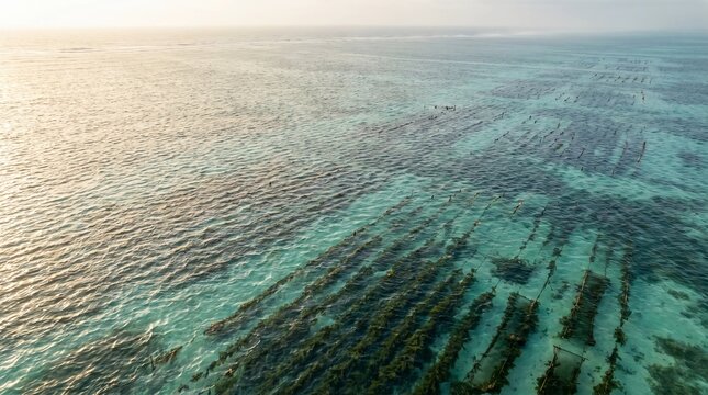 Seaweed farm rows stretch across clear turquoise ocean water during sunrise.