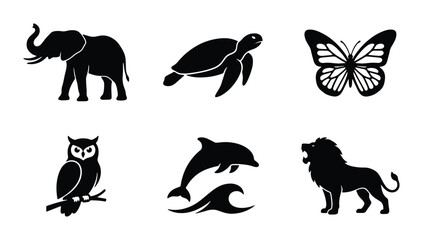 Obraz premium Black Silhouette Animal Icons Set: Elephant, Turtle, Butterfly, Owl, Dolphin, Lion Vector Graphics