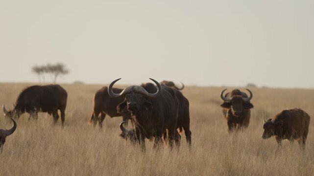 African buffalo (Syncerus caffer )in typical natural Kalahari-Nama Karoo transition habitat near Kimberley, Northern Cape, South Africa, showcasing iconic African wildlife in a wild landscape.