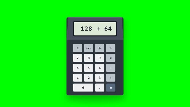 Digital calculator motion graphics footage performing addition on a green screen background.