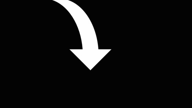 Simple white curved arrow pointing down isolated on a black background