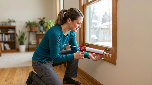 Woman sealing wooden window frame with caulking gun. Homeowner applying caulk for winter weatherization. Energy savings and draft prevention concept