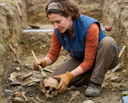 Female archaeologist dusting human skull with brush at excavation site. Field researcher uncovering skeletal remains in trench. Archaeology and forensic anthropology concept