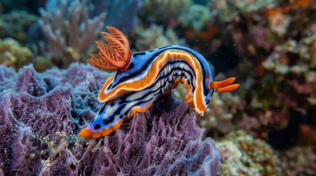 Colorful nudibranch sea slug gliding over purple coral