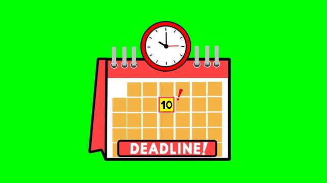 Cartoon Deadline Calender Animation With Clock on Green Screen