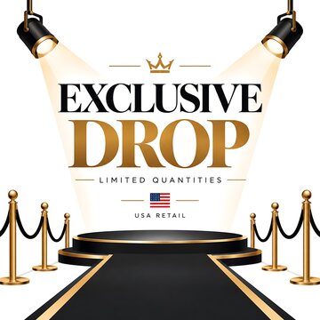Exclusive Drop limited quantities retail banner, luxury black and gold podium with spotlights, premium product launch stage for USA retail market