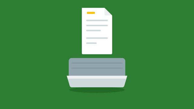Animated motion graphics of a document paper being filed into a box on a green background loop