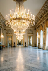 Obraz premium Luxury interior design and opulence, grand ballroom with crystal chandeliers and marble floors in a historic palace for high-end event venue marketing