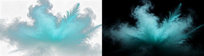 Obraz premium Cyan blue feather with ethereal smoke effect, soft turquoise plumage dissolving into mist, abstract bird feather texture for creative design isolated on Transparent Background