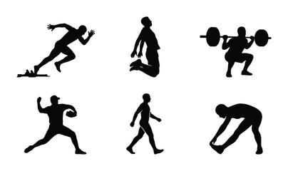 Obraz premium Athletic Silhouettes: Runner, Jumper, Weightlifter, Pitcher, Walker, Stretcher, Fitness Icons