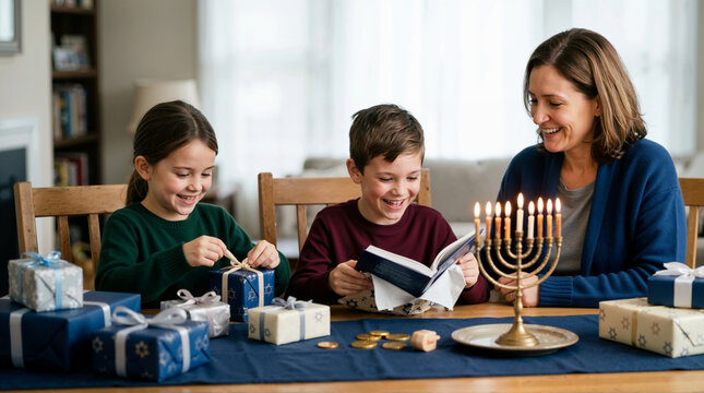 Smiling mother and children opening gifts at table during Hanukkah celebration. Boy unwrapping book beside lit menorah and holiday presents