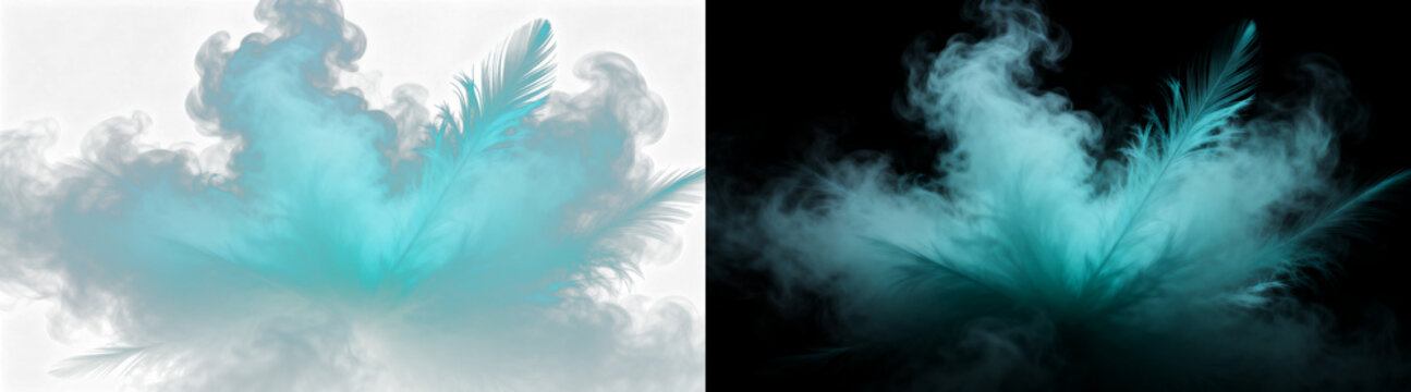 Cyan blue feather with ethereal smoke effect, soft turquoise plumage dissolving into mist, abstract bird feather texture for creative design isolated on Transparent Background