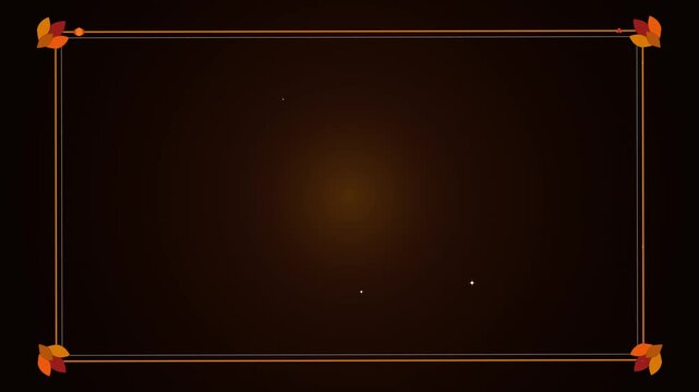 A warm 2D motion graphics border animation featuring orange double line frame strokes drawing on screen and populating with autumnal leaf motifs at the corners