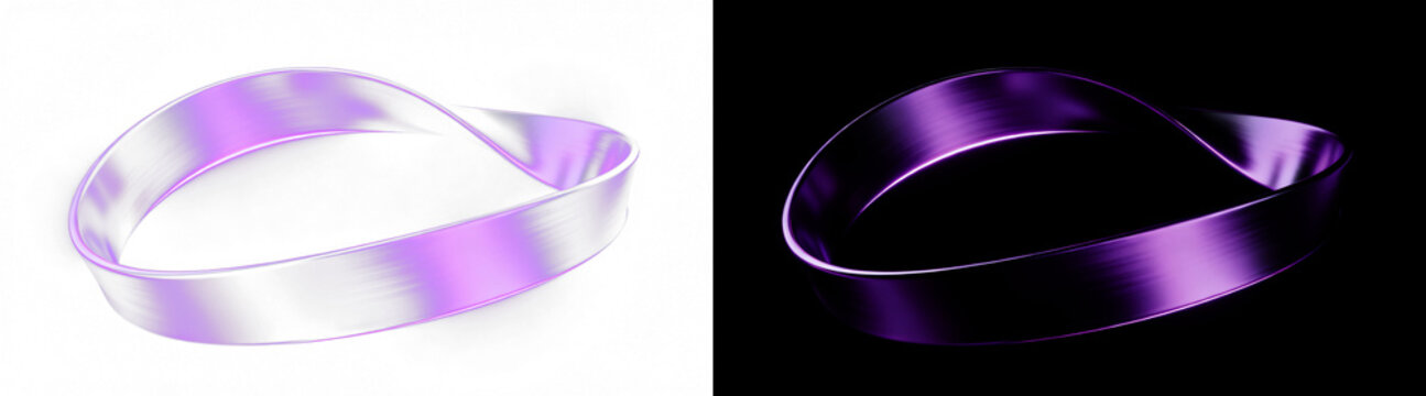 Purple mobius strip set, metallic infinity loop with satin texture, elegant twisted ribbon ring for mathematical and philosophical concepts isolated on Transparent Background