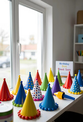 Naklejka premium Birthday party preparation, colorful party hats arranged on a table for a children celebration with festive decorations and event planning