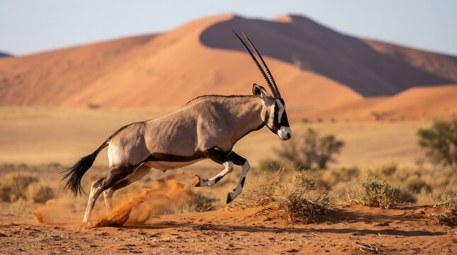 Oryx Antelope Running Across Sand Dunes in the Desert