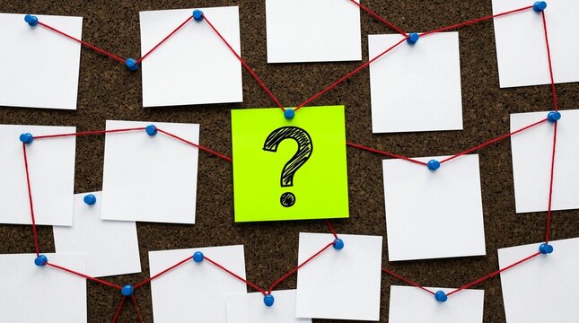 Bright lime sticky note featuring a black hand drawn question mark pinned to a brown cork board surrounded by many blank white paper square notes